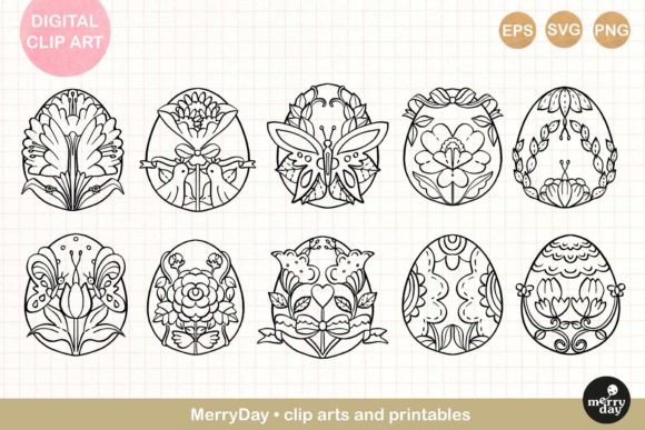 10 Decorative Easter Eggs Line Art