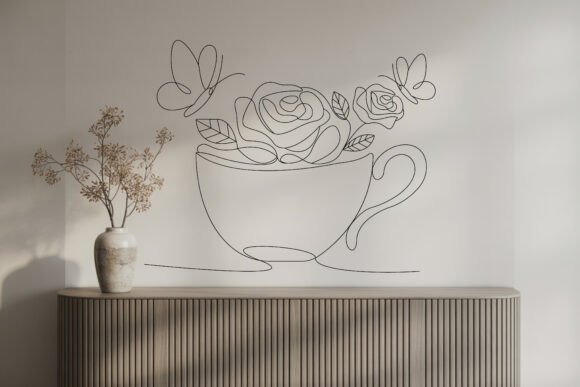 Decorative Teacup Roses Line Art Graphics